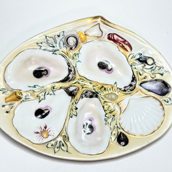 Antique UPW Hand-Painted Oyster Plate Nautical Motif French Style A714